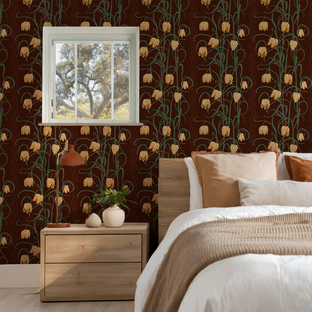 Campanas Wallpaper, chocolate and goldenrod