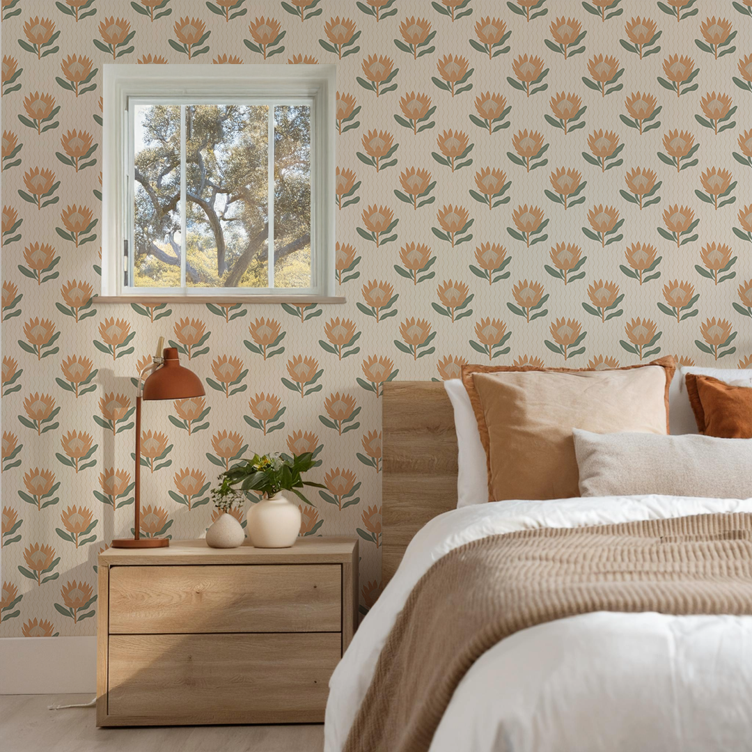King Protea Wallpaper, neutral and apricot