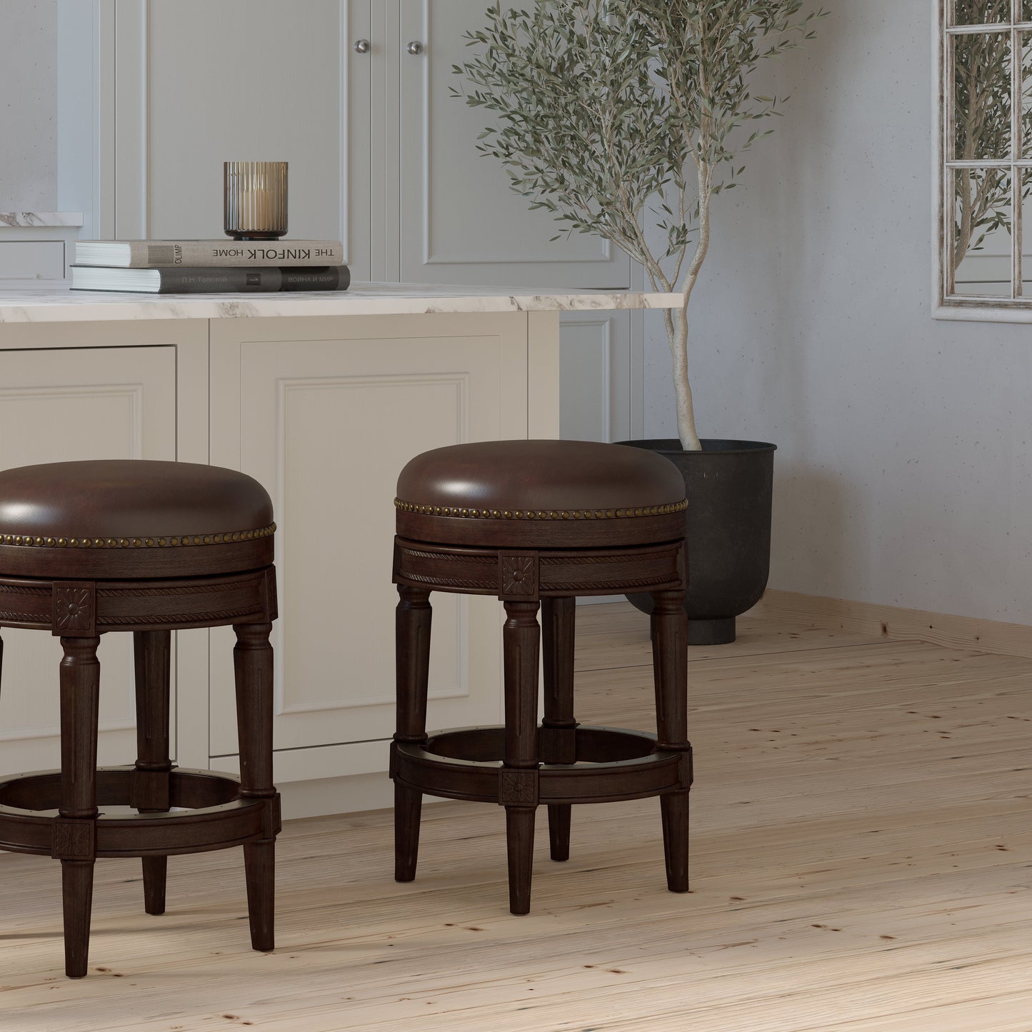 Backless Charlotte Barstool in Distressed Walnut with plush seating and elegant design in a modern kitchen setting.