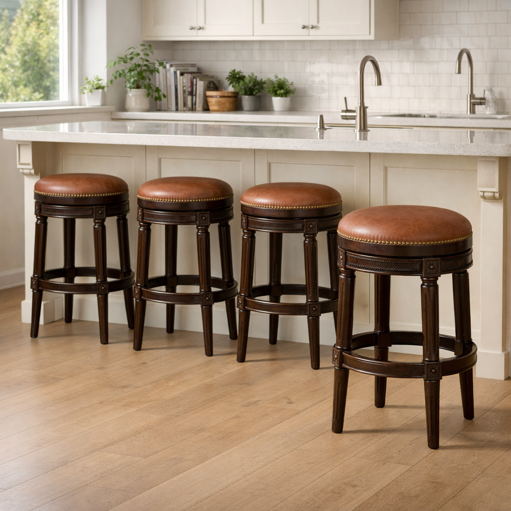 Backless Charlotte Swivel Barstool in Caramel arranged at a kitchen counter with a stylish interior.