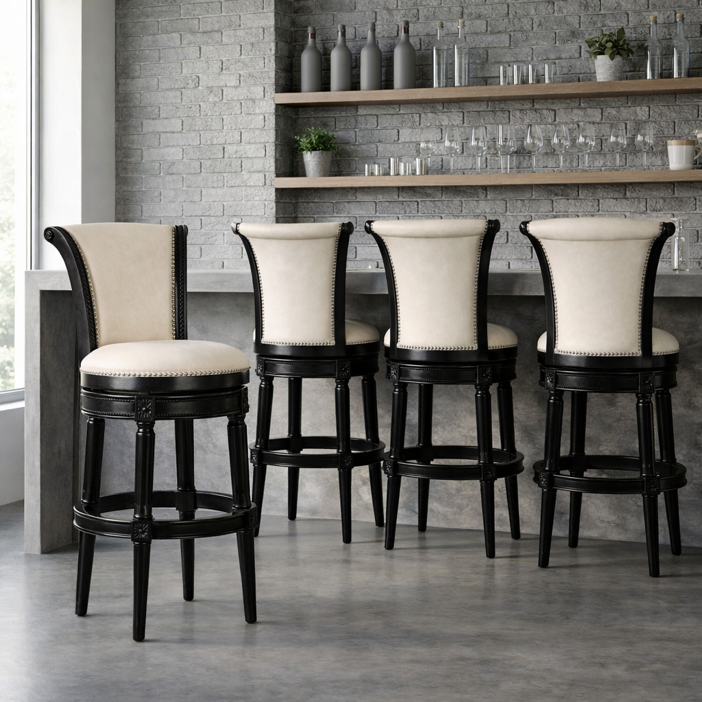 Charlotte Swivel Barstool in Black and Ivory showcased in a modern kitchen setting with a serene color palette.
