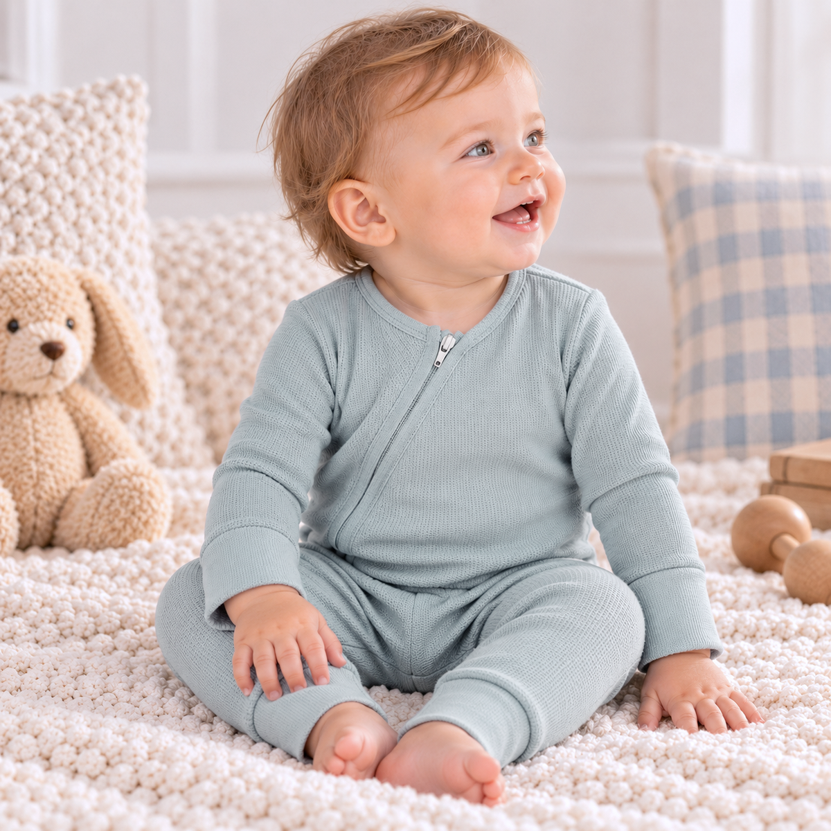 Cotton Baby Zipper Romper With Convertible Cuffs-Blue