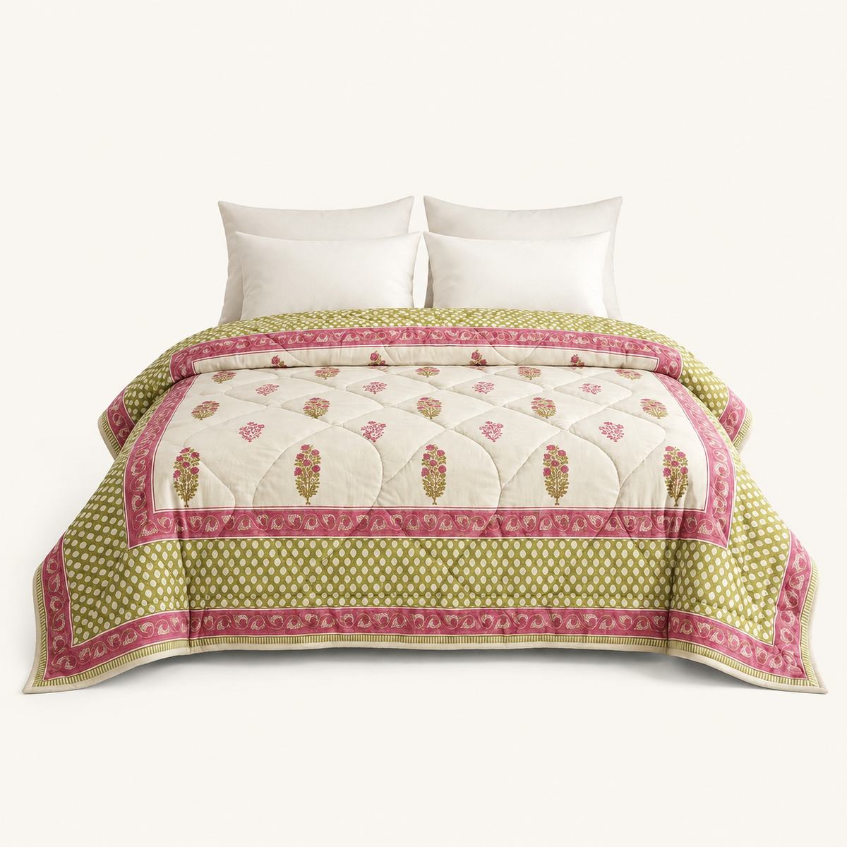 Cream & Deep Rose Floral Jaipur Indian Hand Block Print Quilted Comforter