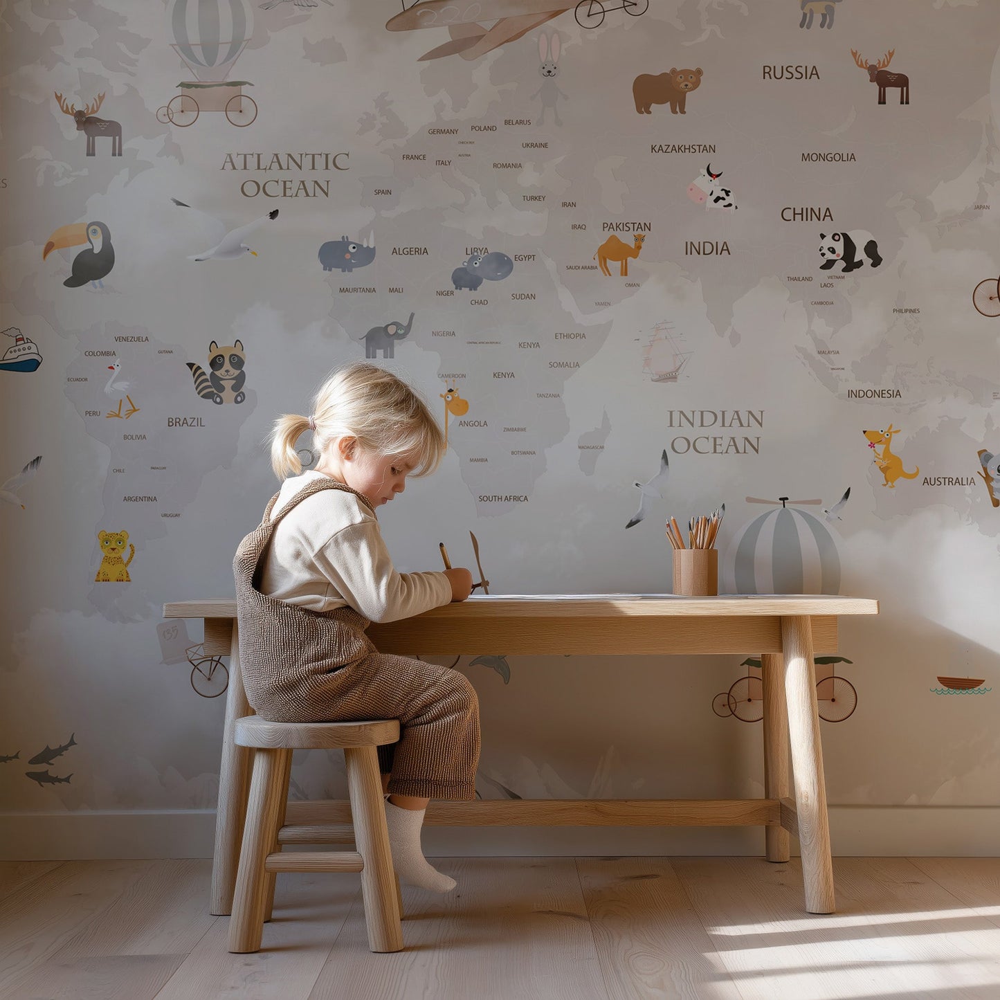 Little Aviator Animal World Map Mural | Kids Nursery Wallpaper