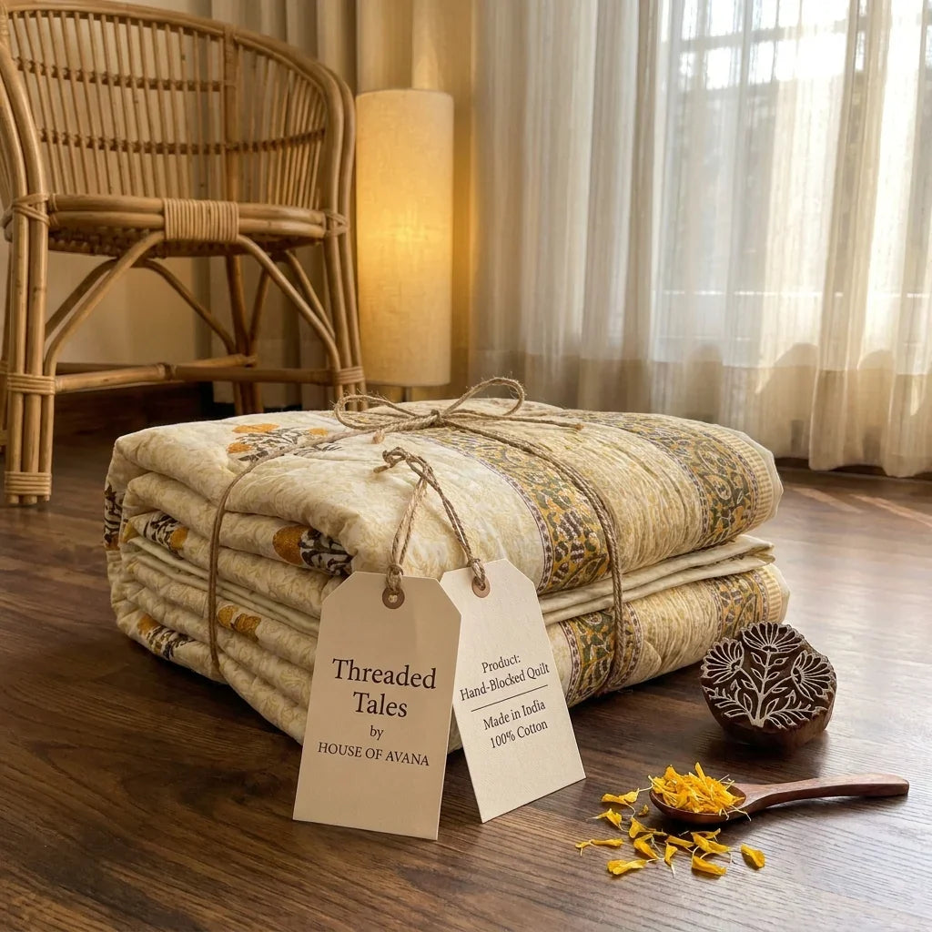 Orange Floral Jaipur Hand Block Print Quilted Comforter