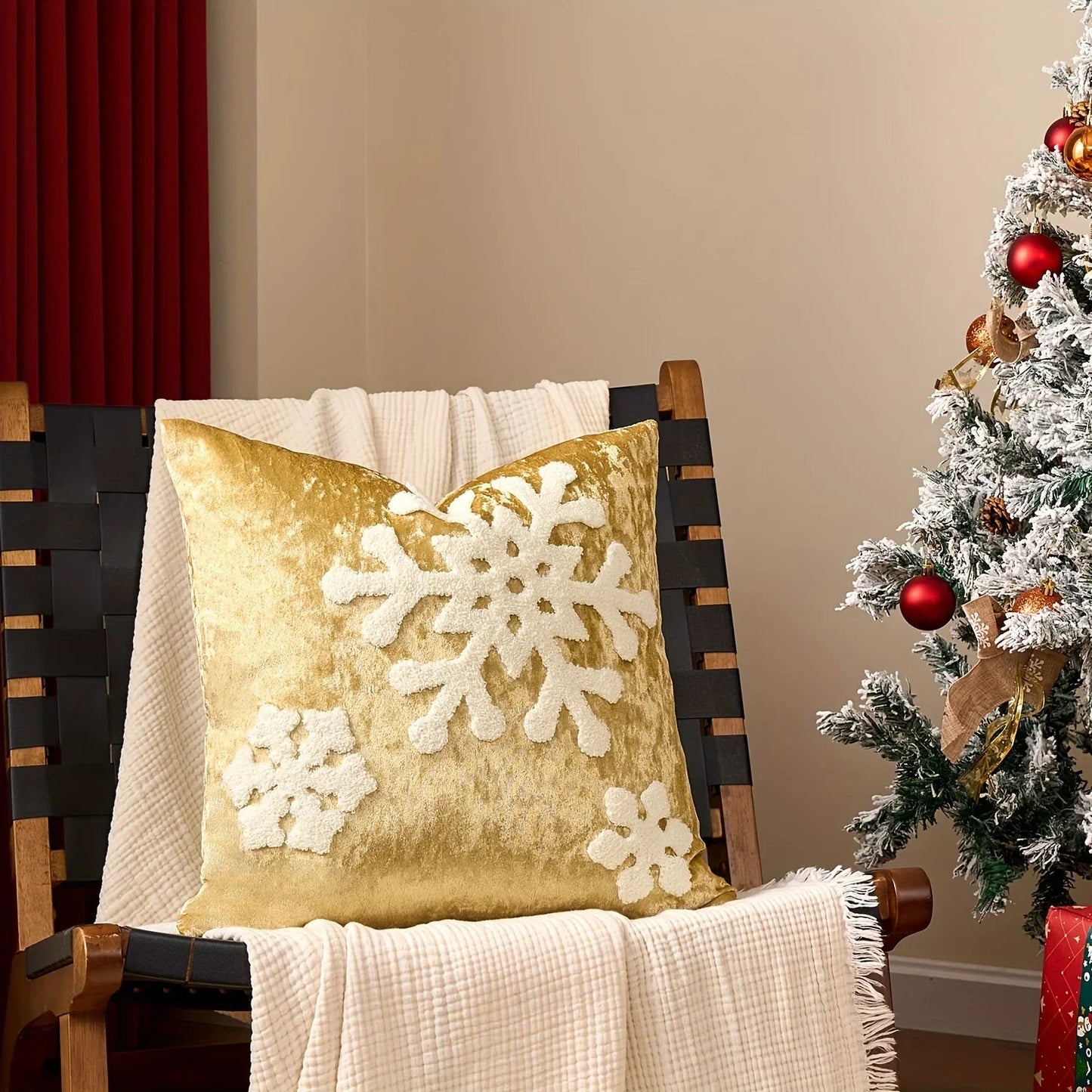 Cotton Christmas Pillow Cover 18x18 inches, White with Golden Snowflake Design