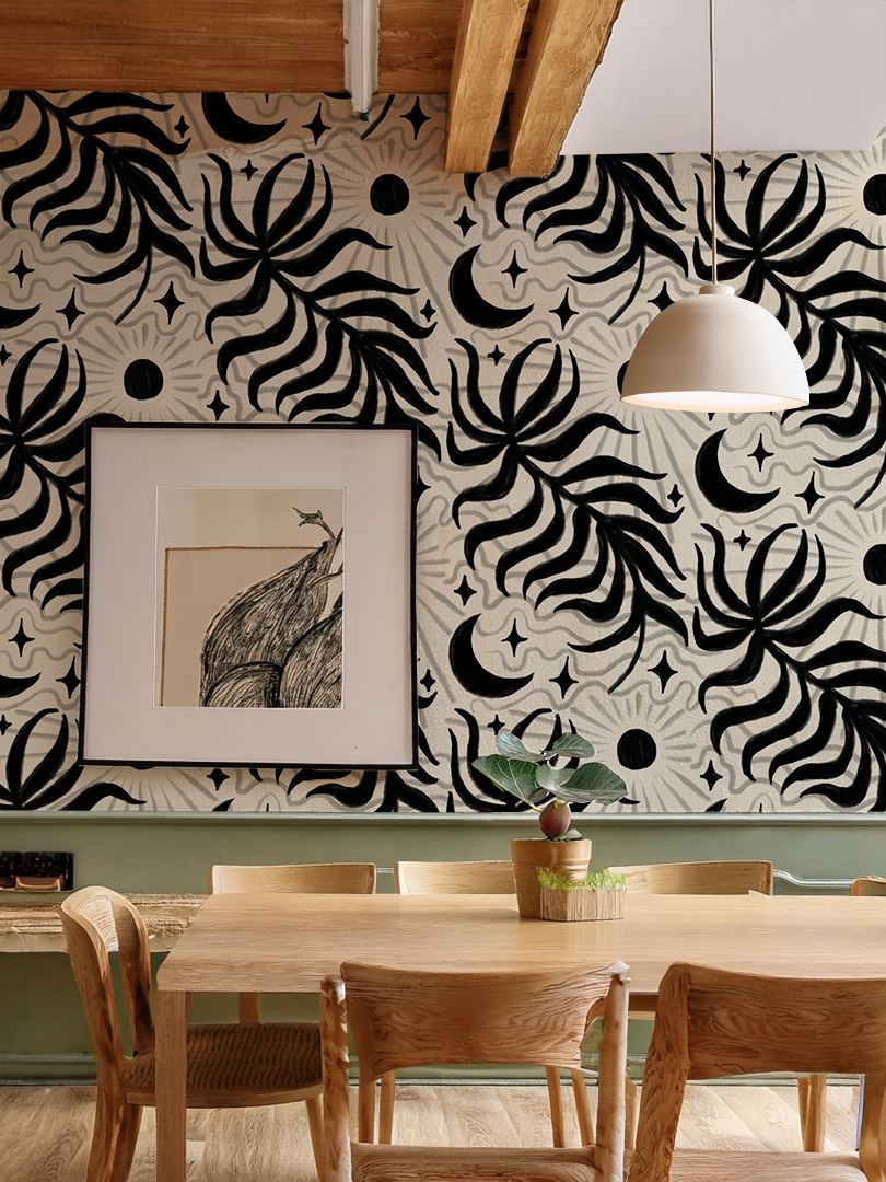 Lunar Leaf Wallpaper, beige and black