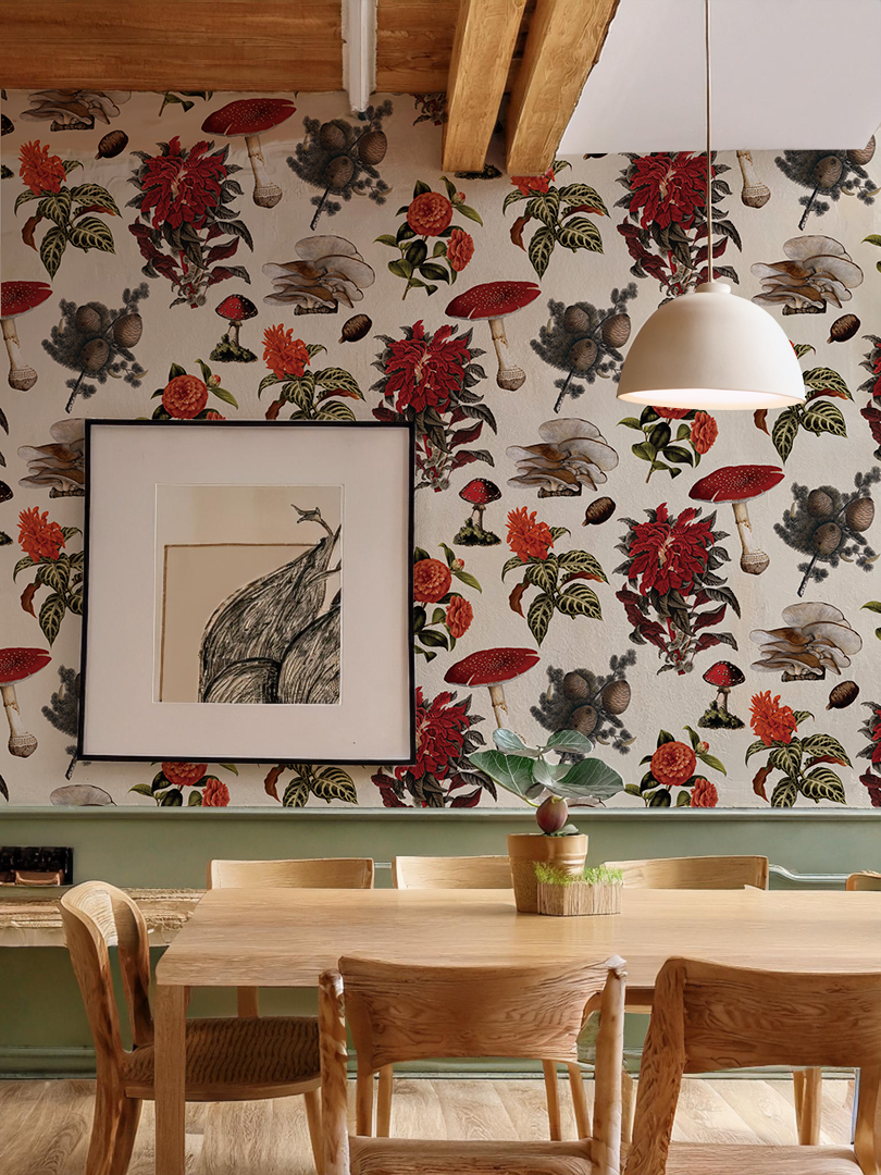 Mushrooms Wallpaper, off-white and red