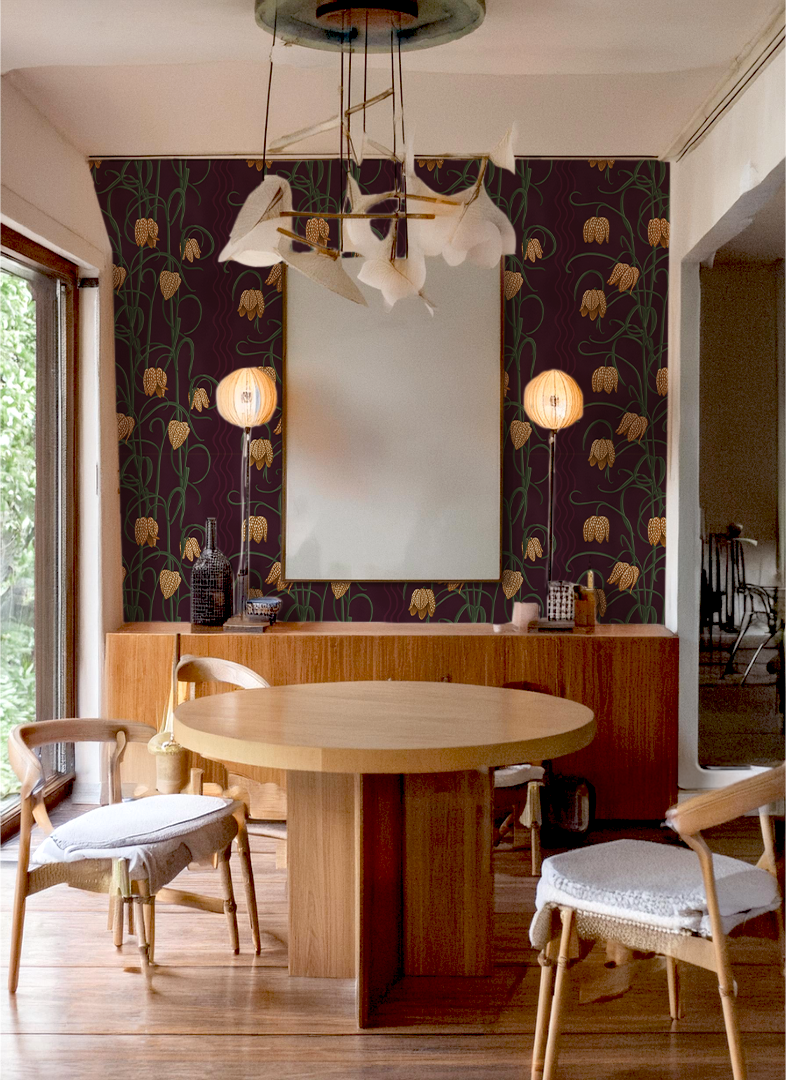Campanas Wallpaper, eggplant and toffee
