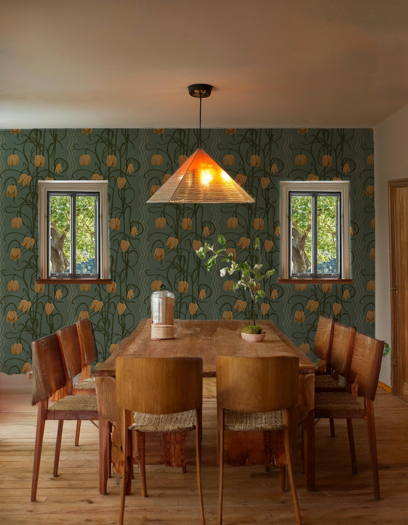 Campanas Wallpaper, dusty blue and marigold
