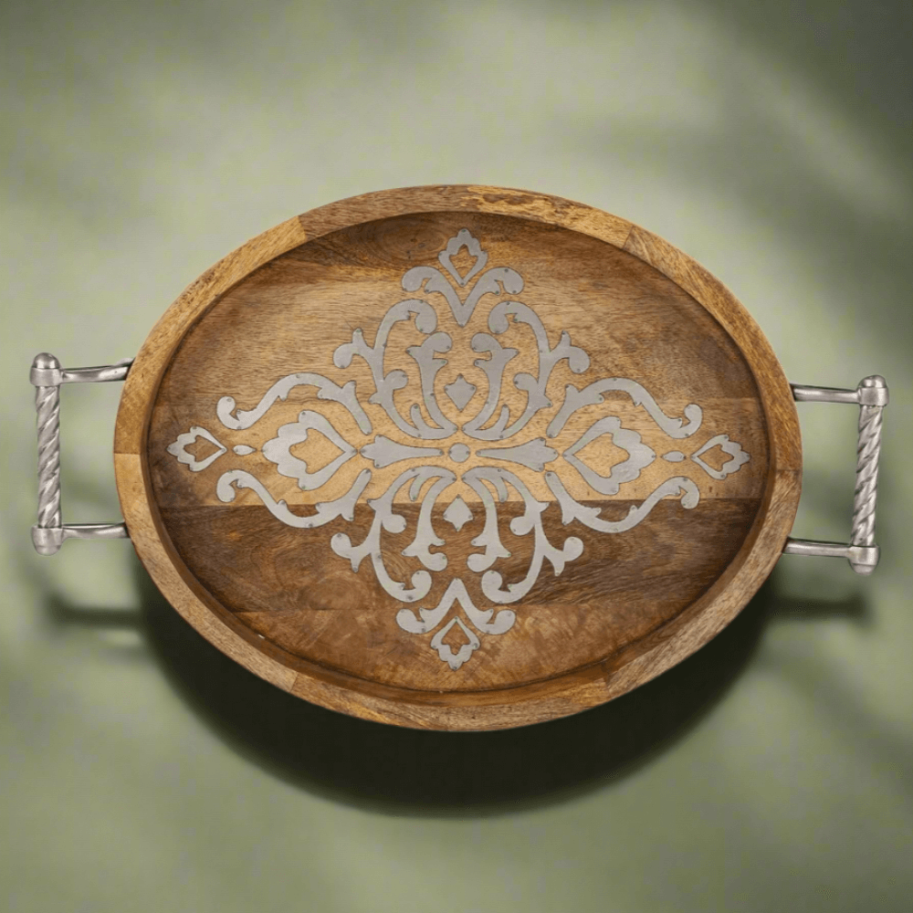 Rustic Mango Wood Serving Tray with Metal Handles