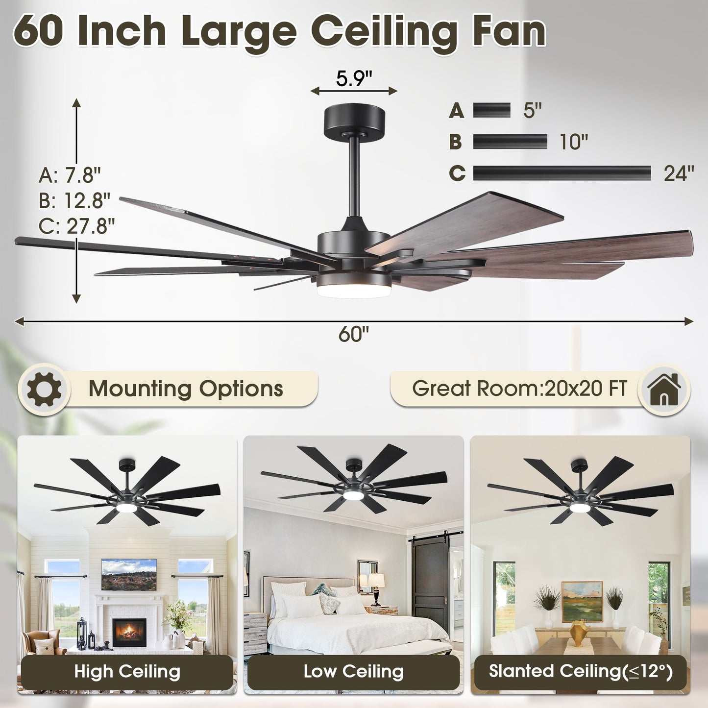 60 Inch 72 Inch Windmill Downrod Mount LED Ceiling Fan with Remote and APP Control