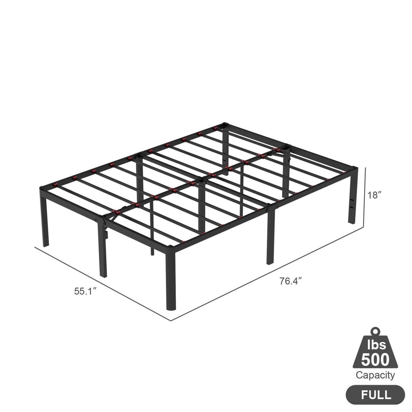 Black metal bed frame with dimensions and weight capacity on a white background
