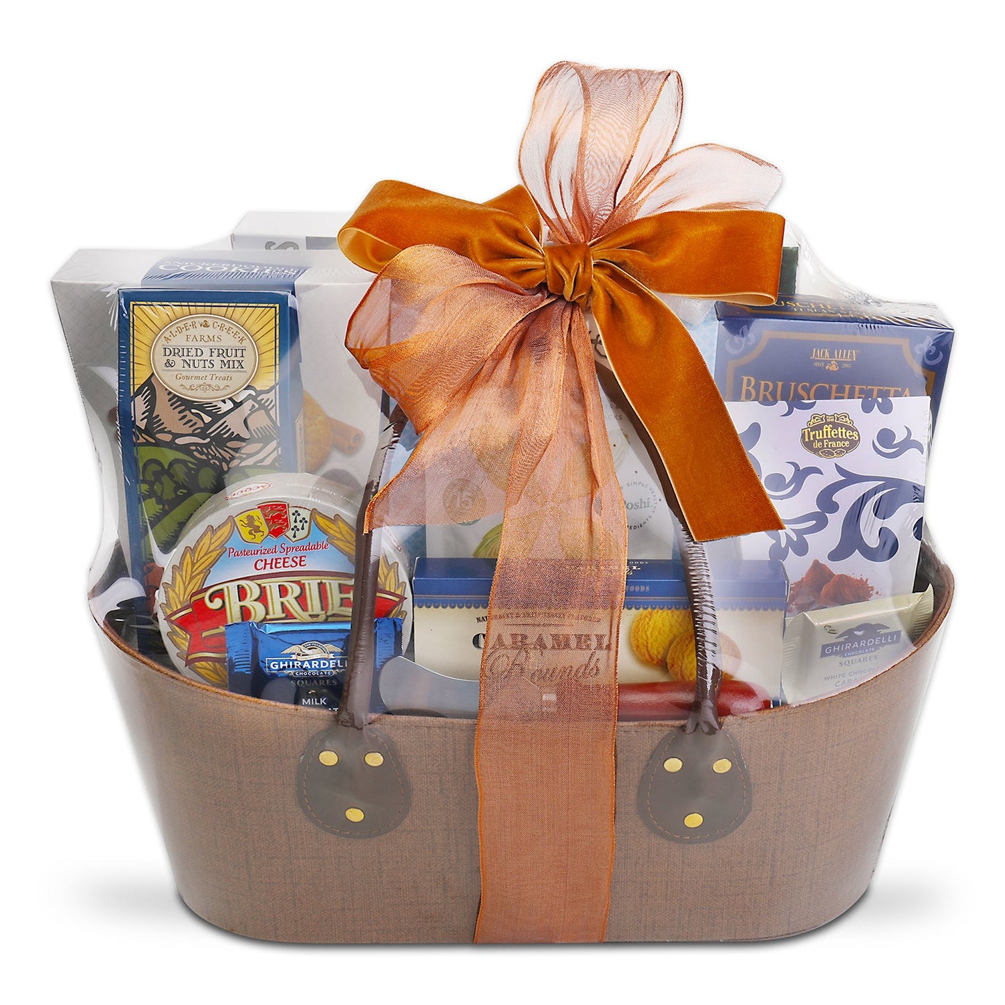 Gift basket with a brown ribbon tied in a fancy bow on a white background