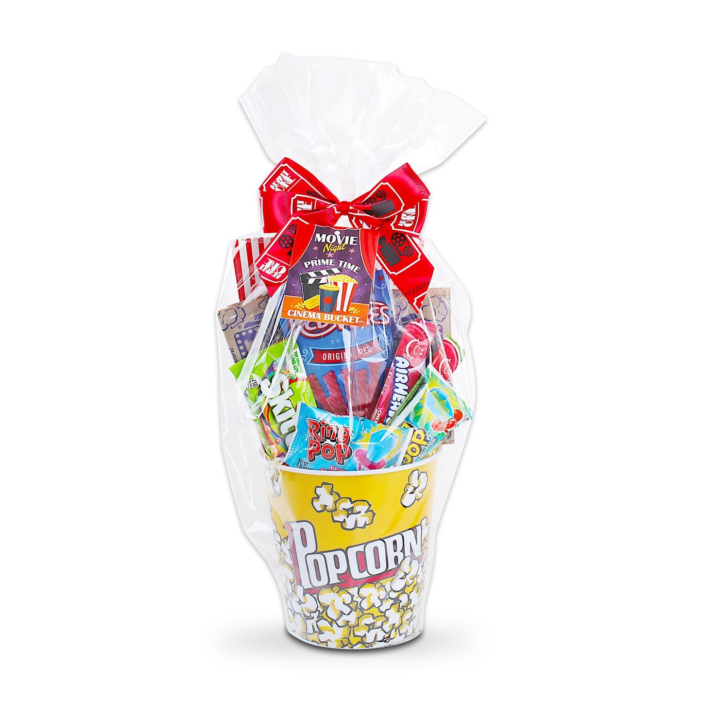 Gift basket with movie-themed items including candy and a popcorn bucket on a white background
