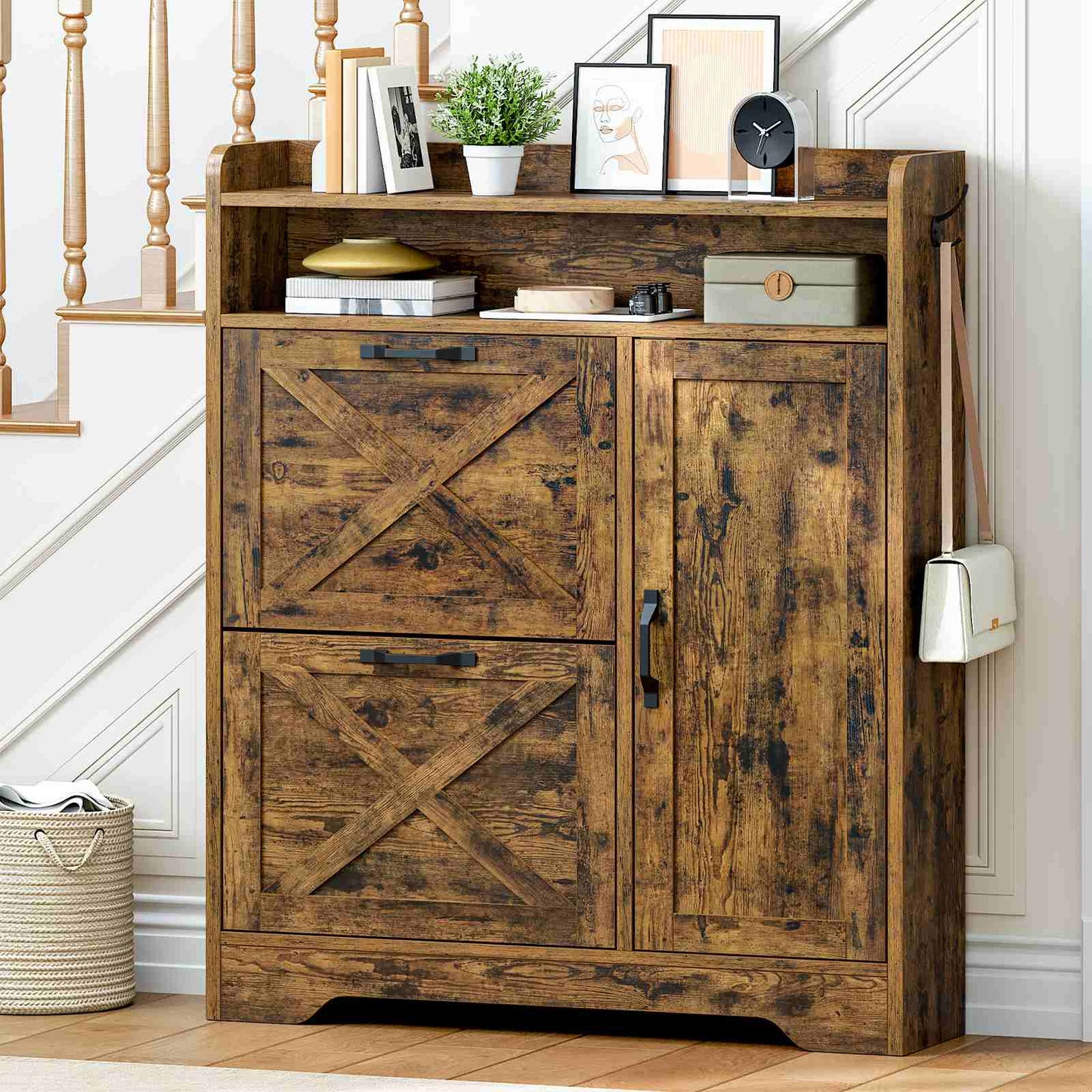 Shoe Storage Cabinet with 2 Flip Drawers - Rustic Brown