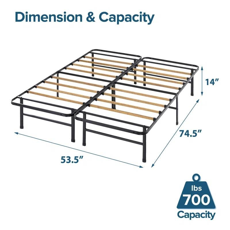 Bed frame with dimensions and capacity label on a white background