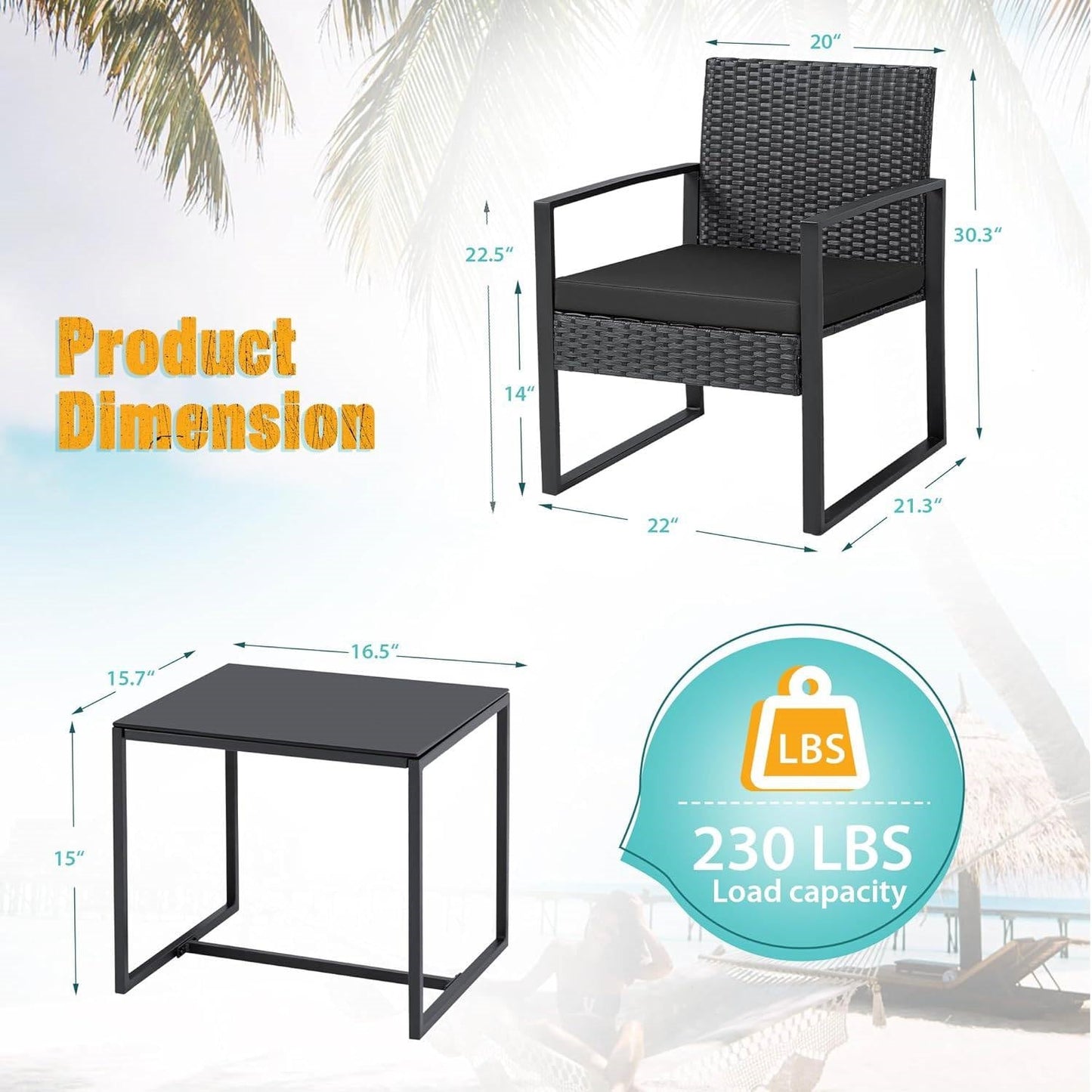 Black outdoor chair and table with dimensions and load capacity label on a blurred outdoor background