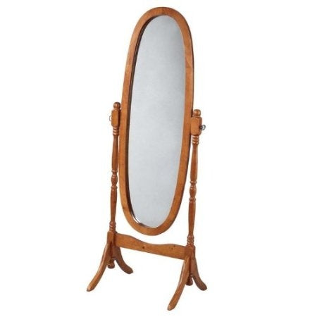 Wooden standing mirror on a white background