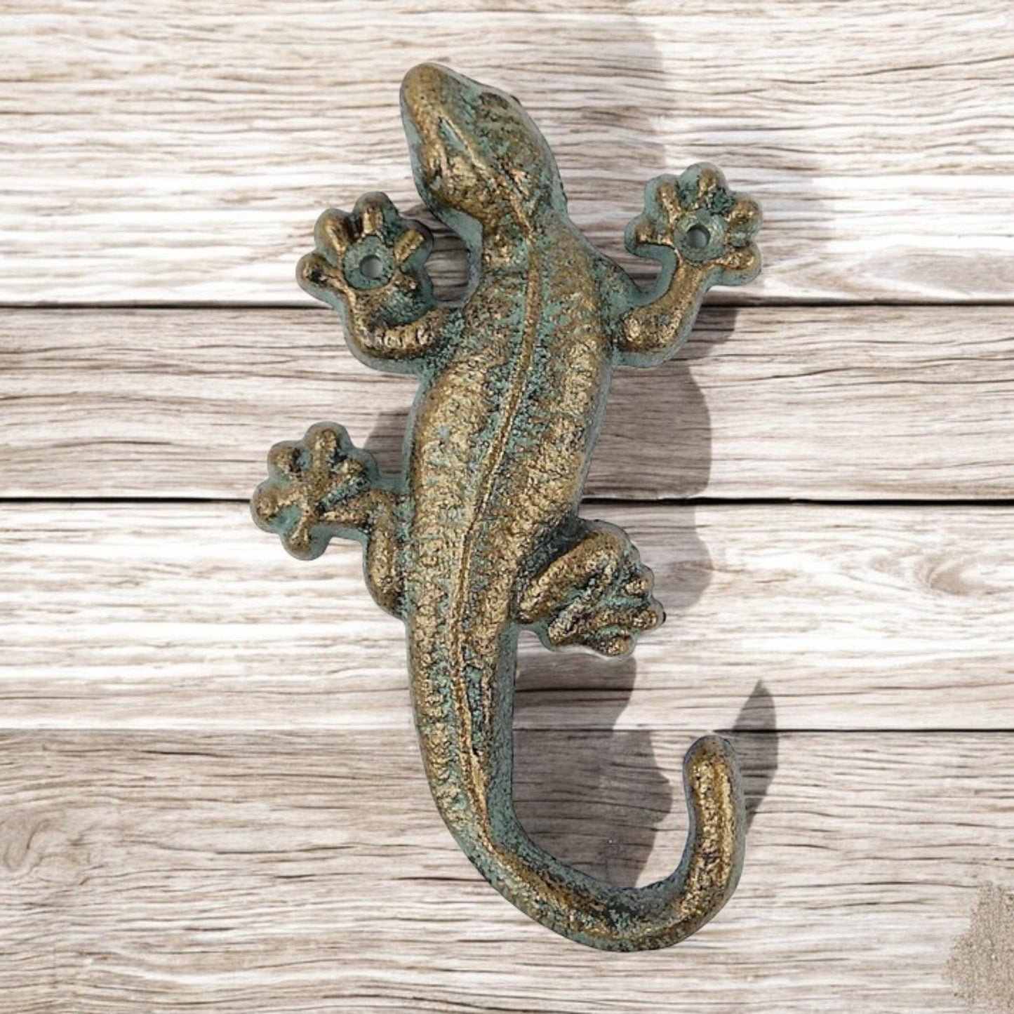 Green & Gold Cast Iron Gecko Wall Hook, Unique Lizard Key, Coat & Towel Hanger