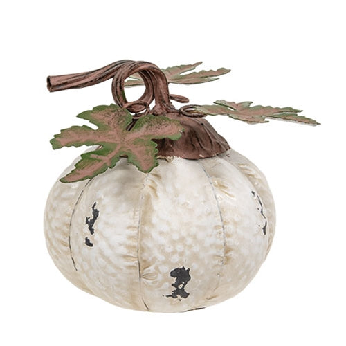 Distressed White Metal Pumpkin w/Leaves - 5-1/2 In H