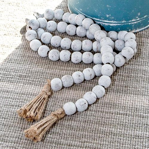 Distressed White Bead Garland w/Jute Tassels