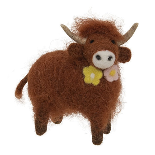 Highland Cow with Flowers Felted Ornament