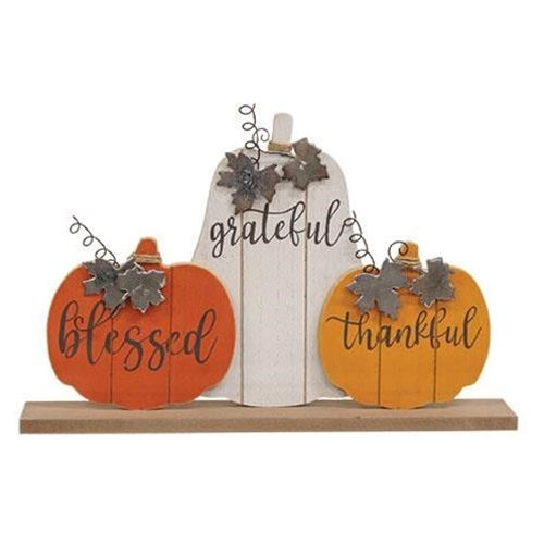 3/Set Thankful Grateful Blessed Wood Pumpkin Trio