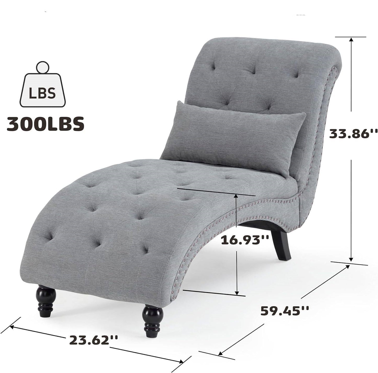 Grey Linen Upholstered Armless Chaise Lounge Chair with Pillow dimensions and specifications.