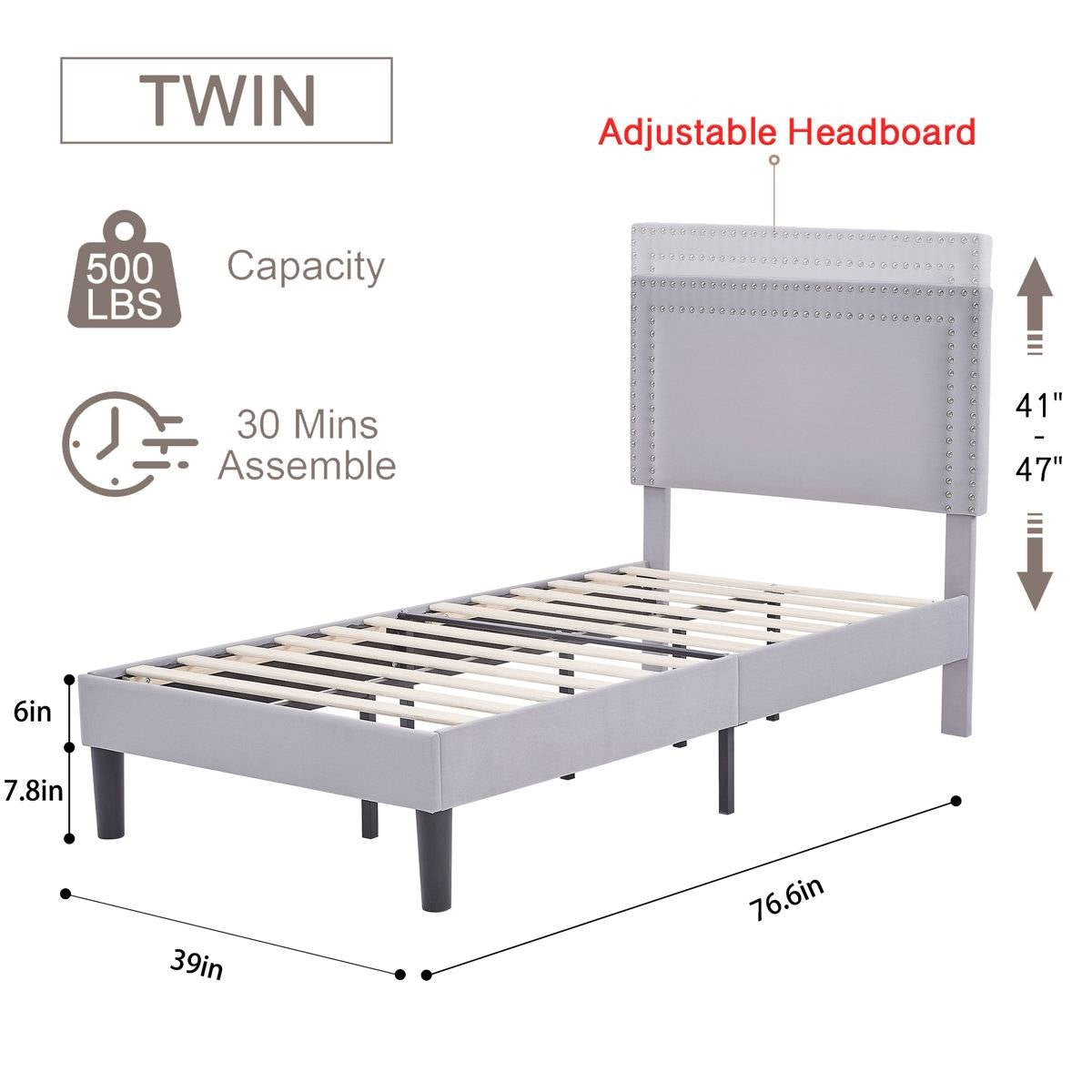 Set of 2 Twin Grey Upholstered Platform Bed Frames with Headboards dimensions and features illustration.