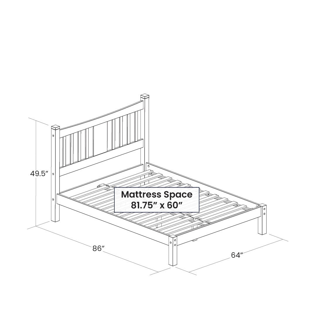 Drawing of Queen Farmhouse Solid Wood Platform Bed Frame with Headboard in Cherry showing dimensions and mattress space.