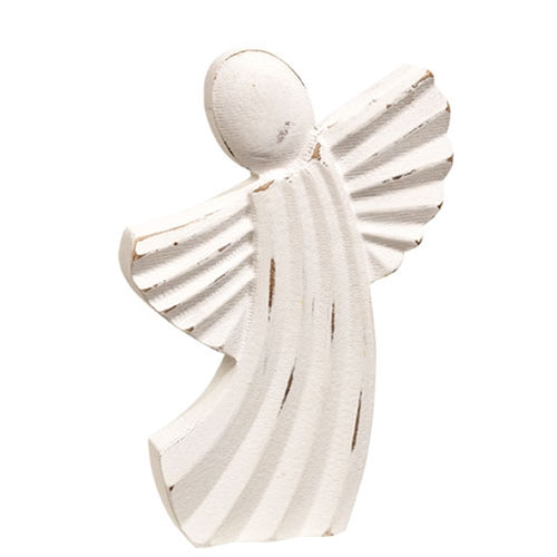 Distressed White Wooden Angel Sitter - 9-1/4 In H