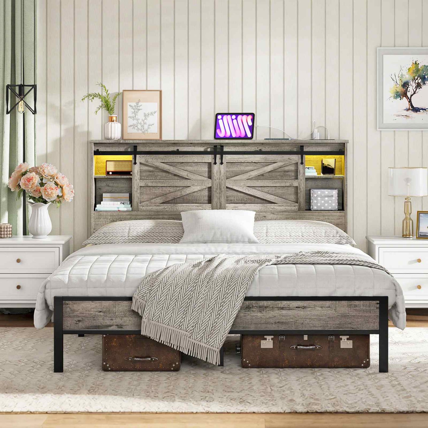 Queen Headboard with Storage Shelf, Charging Station, LED - Grey