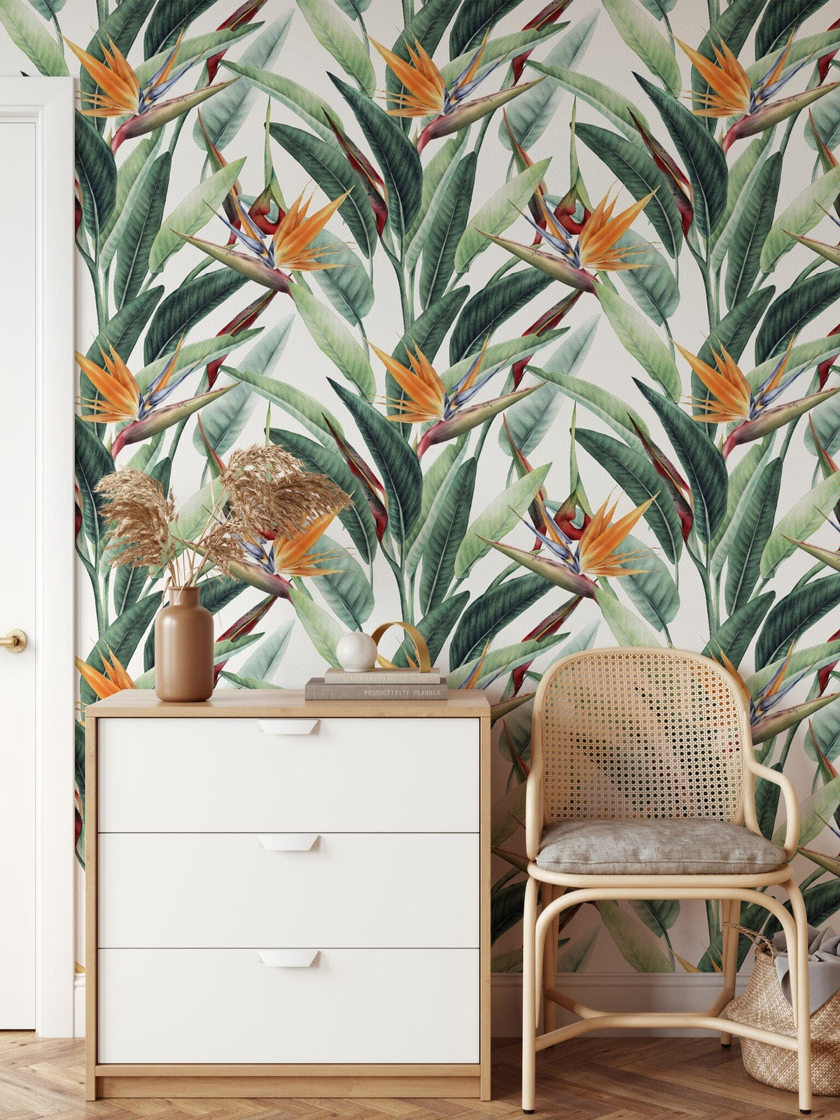Tropical Leaves & Bird of Paradise Flower Wallpaper