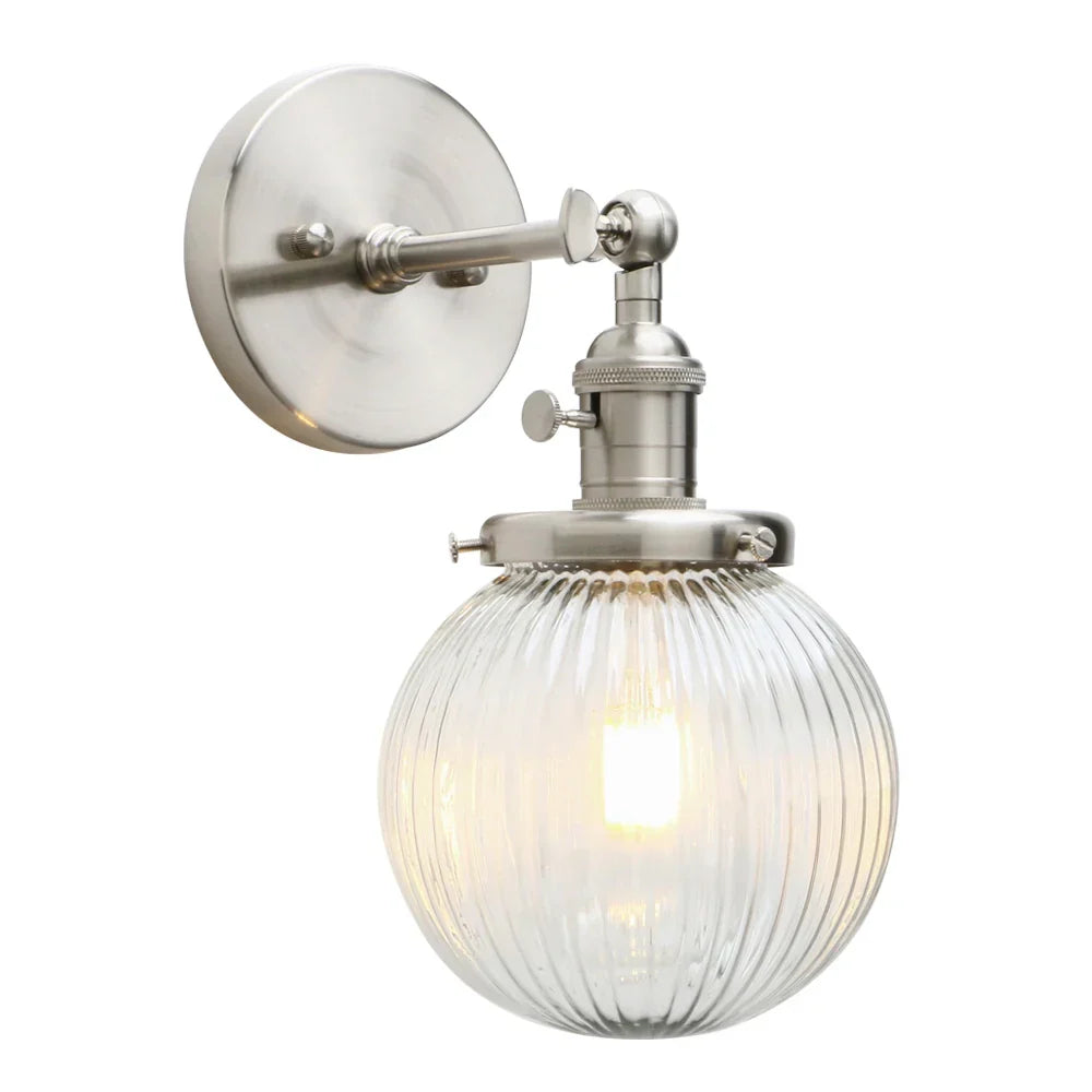 Permo Industrial Ribbed Globe Glass Wall Light - Stylish Switched Wall Sconces for Kitchen, Living Room, and Bedroom
