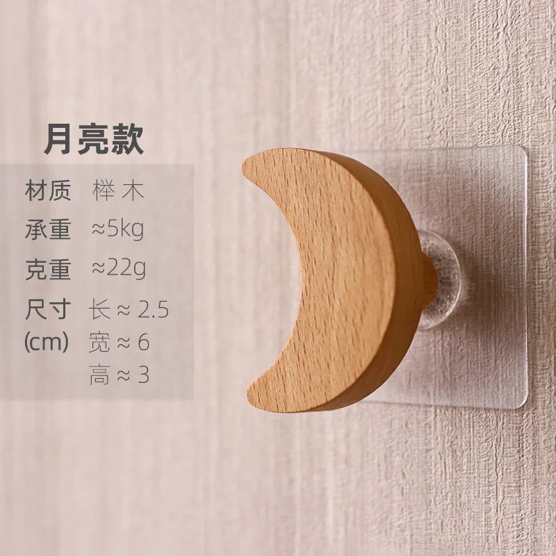 1Pc Star Moon Wooden Hook Multi-Purpose Key Holder Coat Storage Rack Wall Self Adhesive Hook Children Room Decoration Gadgets