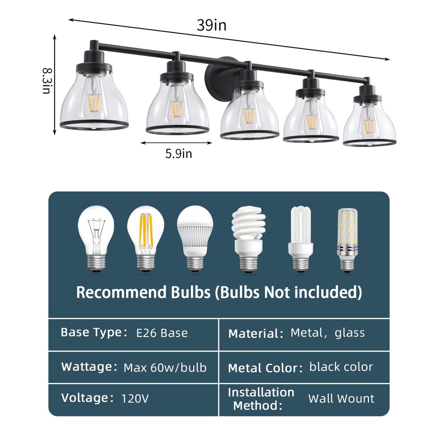 Hermosa Modern Polished Nickel & Black 5-Light Bathroom Vanity Light