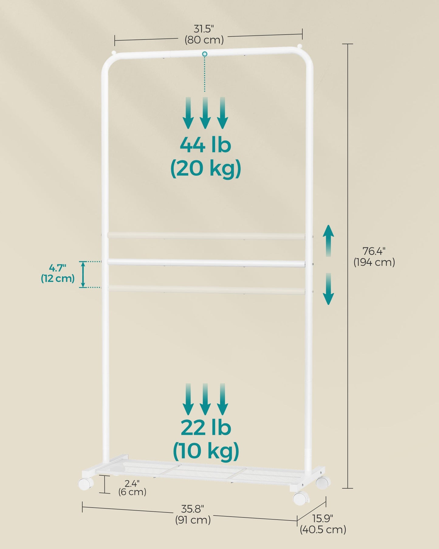 36 Inch Double-Rod Clothes Rack with Wheels