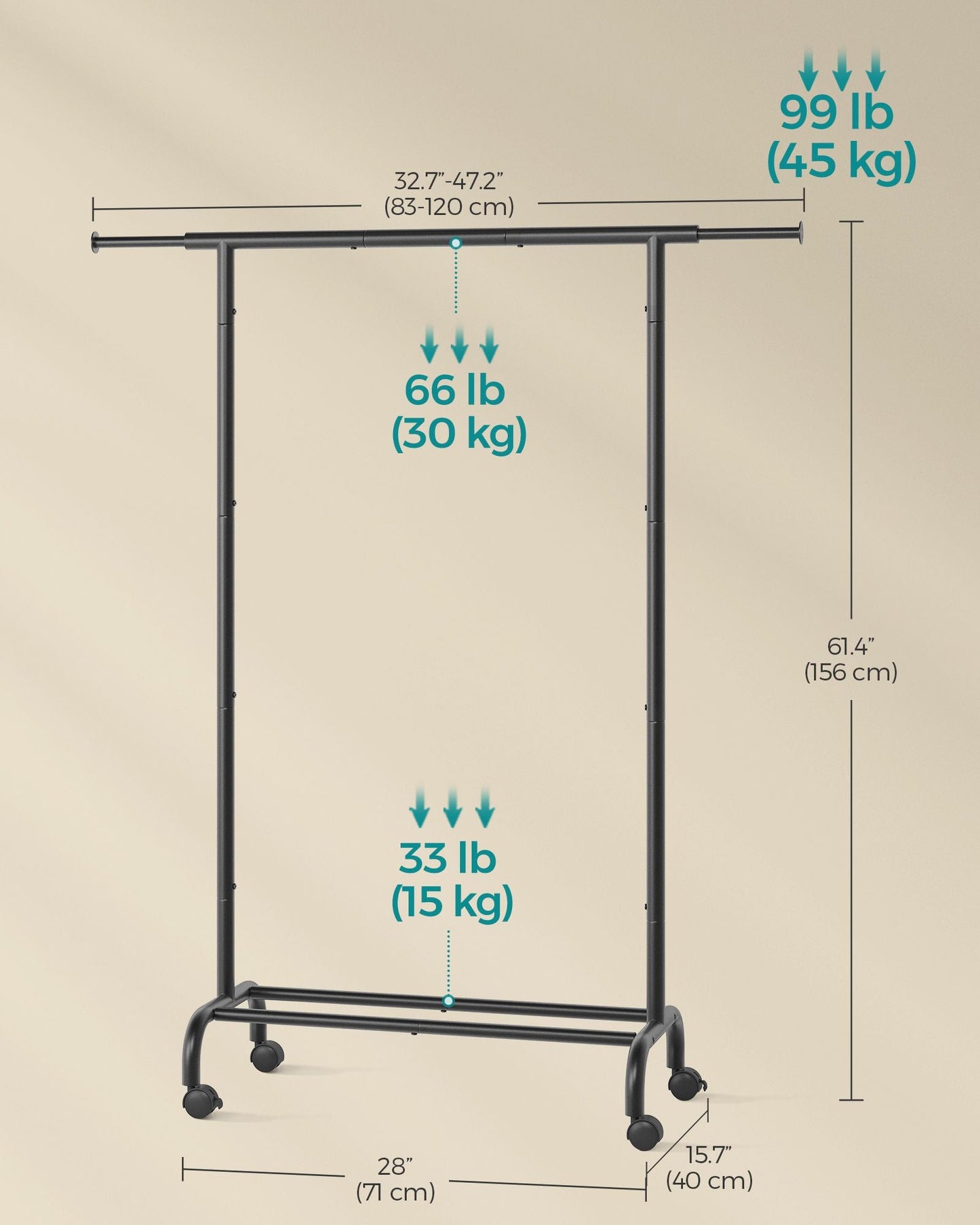 Clothes Rack with Extendable Rail and Wheels
