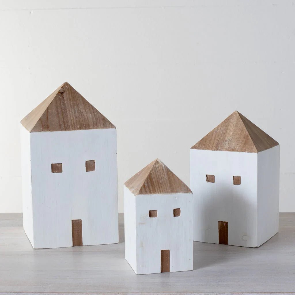 Whitewashed Wood House Figures | Set of 3