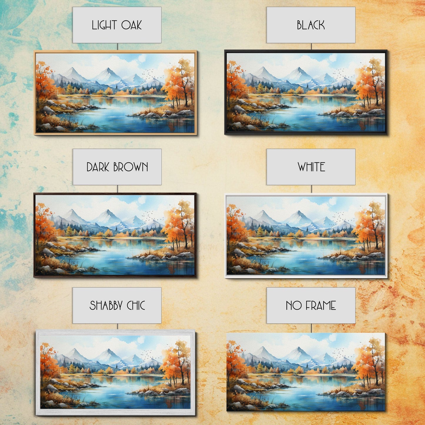 Panoramic Gold Brown Mountain Valley Watercolor Art Print On Canvas, Misty Rolling Hills Landscape Painting, Extra Large Wall Art