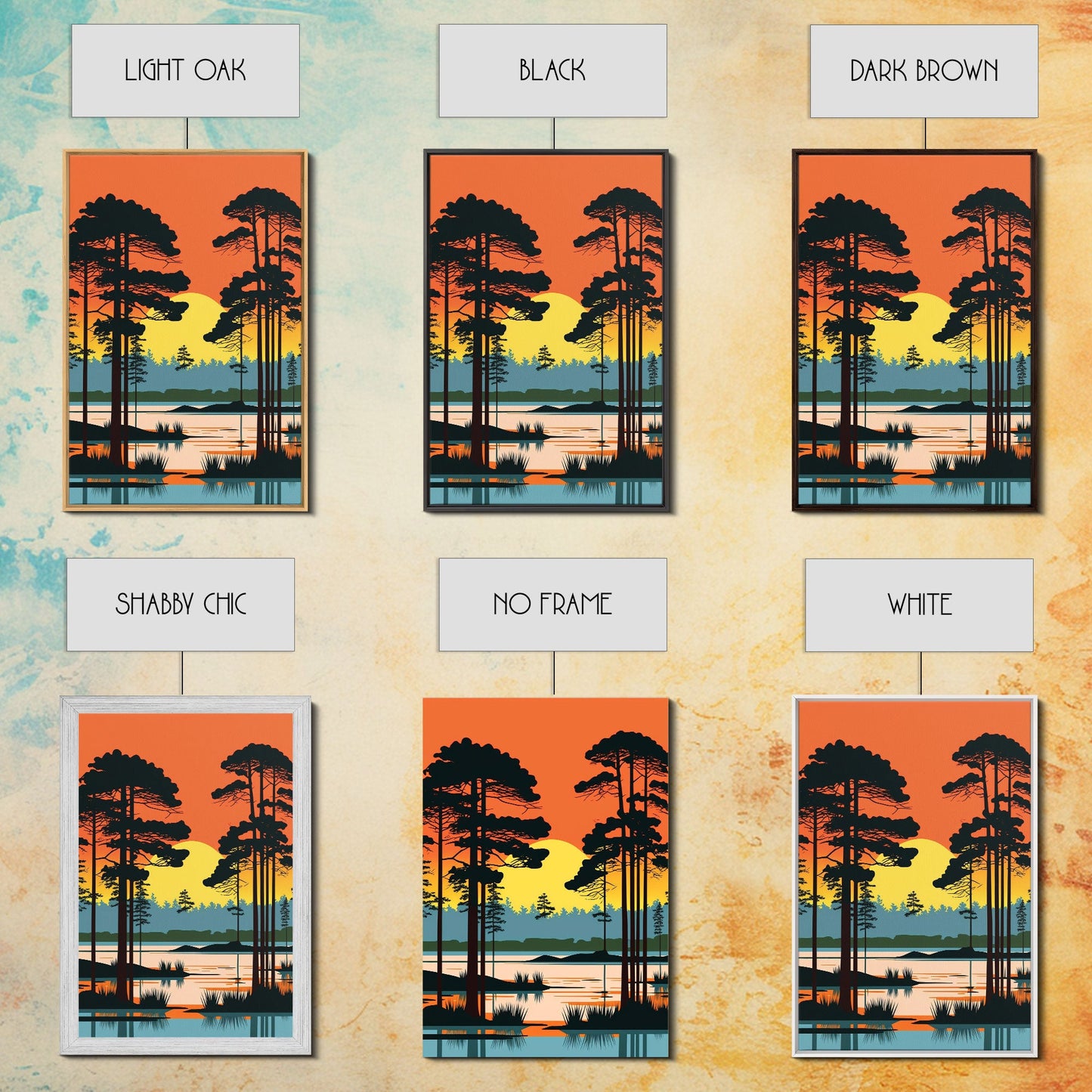 Vintage Style Art, Framed Canvas Prints, Lake and Pine Tree Forest Landscape, Florida Everglades at Sunset