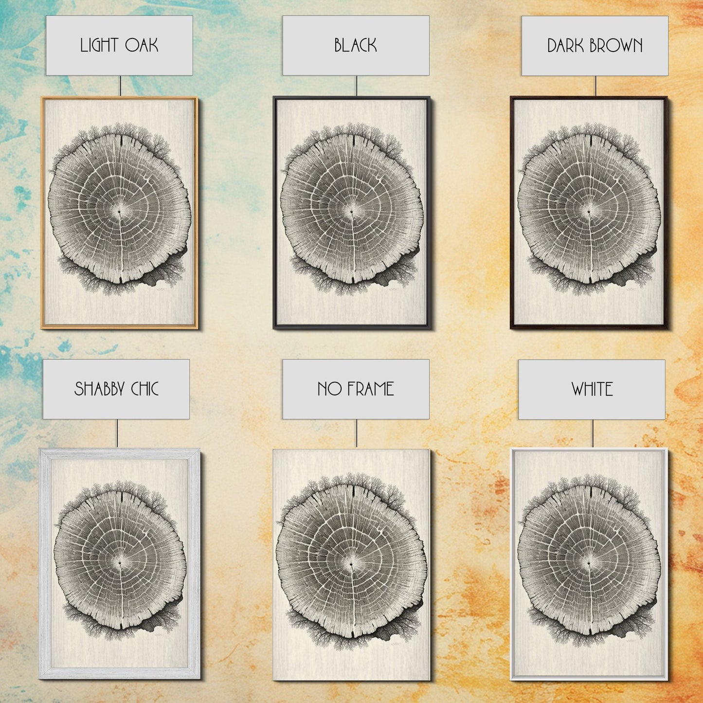 Framed Canvas Print Wall Art, Grunge Forest Tree Rings, Abstract Illustrations, Modern Art, Nordic Decor for Bedroom, Tree Cross Section