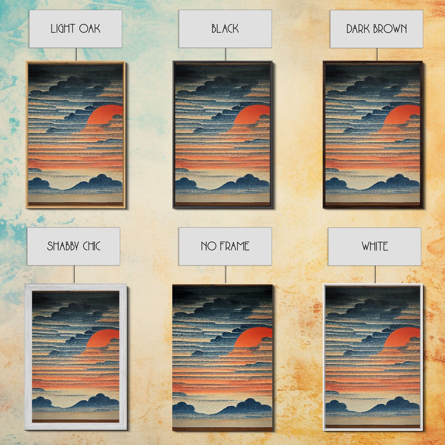Japanese style wall art, sunrise over the mountains, canvas print, woodblock print style art, Hokusai style wall art