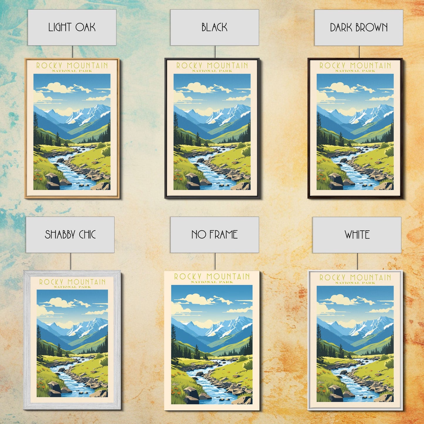 Rocky Mountains National Park Colorado Travel Art, National Park Print, Minimalist Travel Art, Midcentury Modern Style Landscape Painting