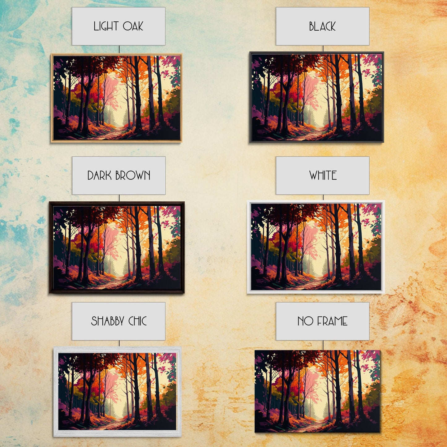 Pop Art Style Fall Forest Landscape, Framed Canvas Print, Unique living room wall art, above sofa art, Color Pop forest art