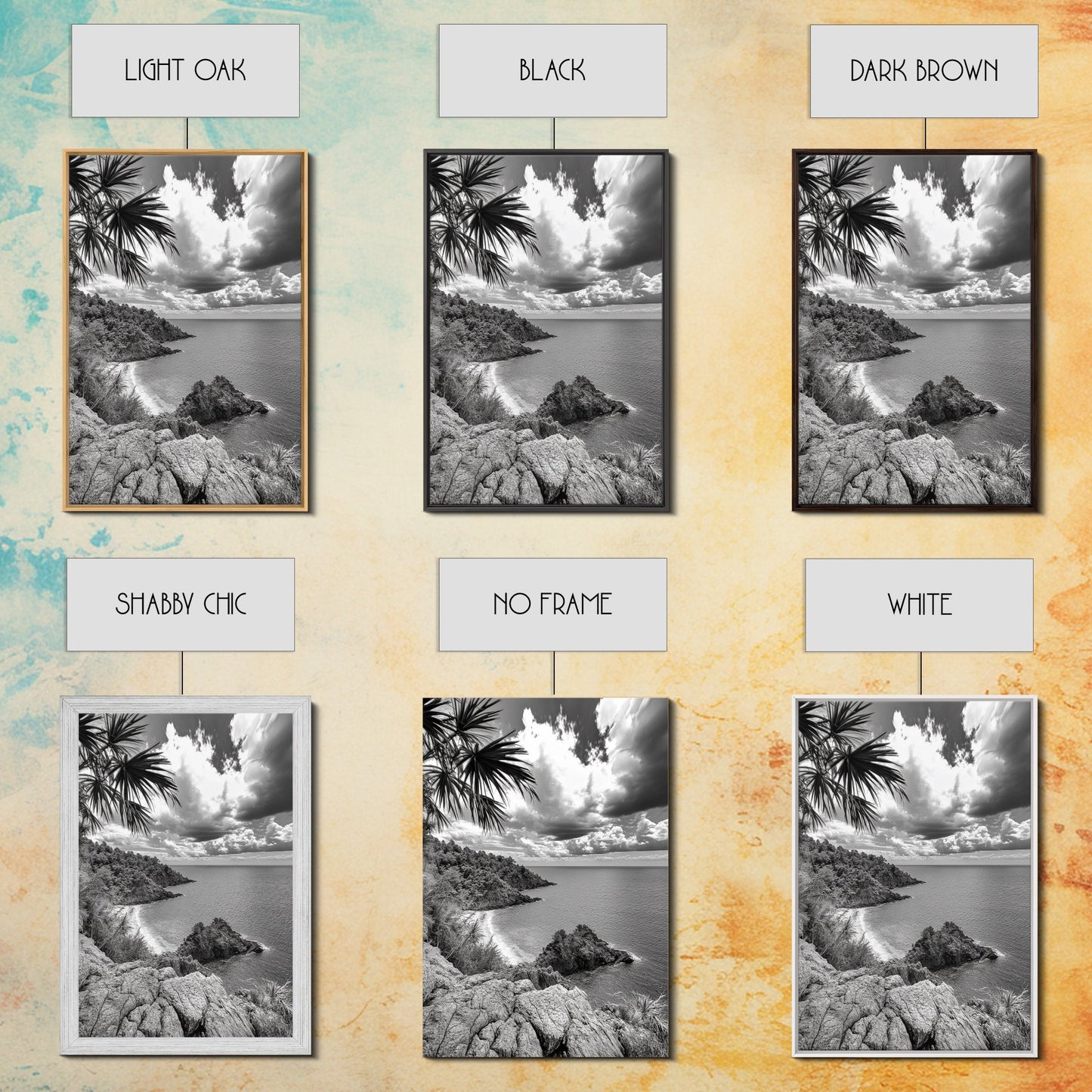 Island View Cliffs, Tropical Shoreline, Black and White Seascape, Framed Canvas Print, Bathroom Art, Travel Decor, Coastal Vibe