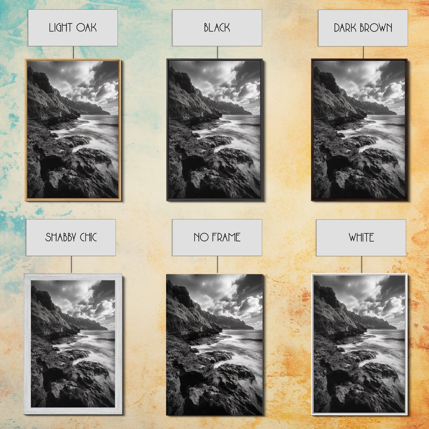 Coastal Cliffs, Ocean Horizon, Wild Waves, Framed Canvas Print, Bathroom Wall Art, Black and White Seascape, Coastal Decor, Moody Art