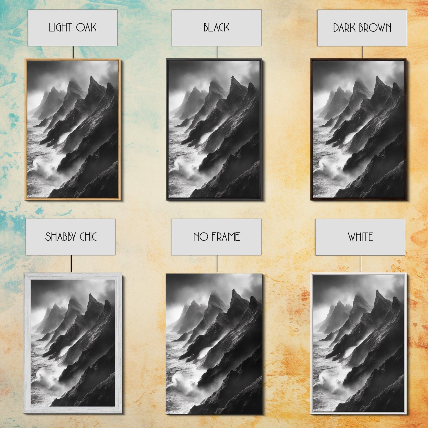 Jagged Cliff Coast, Stormy Ocean Scene, Dramatic Nature Art, Black White Photography, Framed Canvas Print, Office Wall Art, Coastal Decor