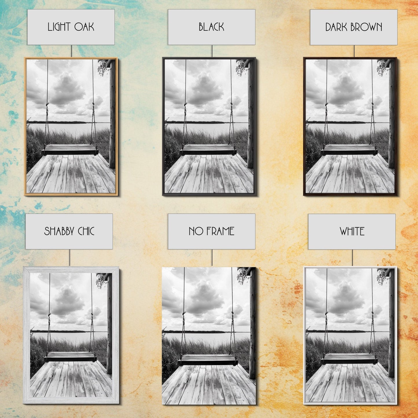 Lake Swing, Cloudy Sky, Calm View, Framed Canvas Print, Farmhouse Wall Art, Serene Kitchen Decor, Rustic Black and White Photography